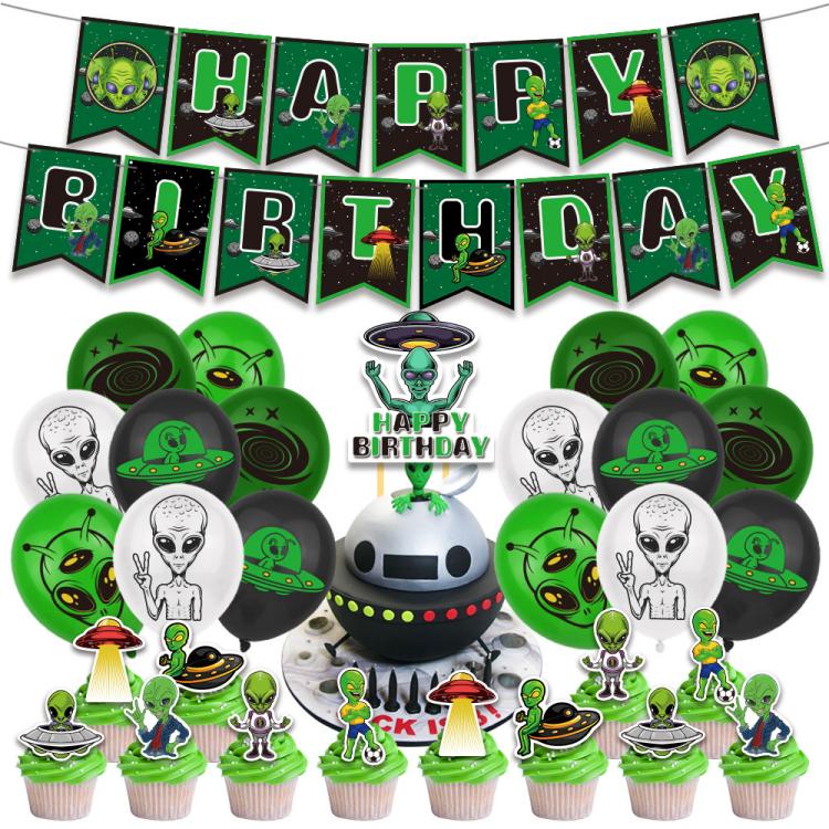 Set de decoración de cumpleaños con temática alienígena y etiqueta para pastel