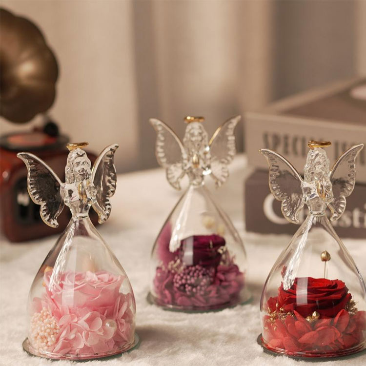 Regalo de flor preservada de ángel de cristal